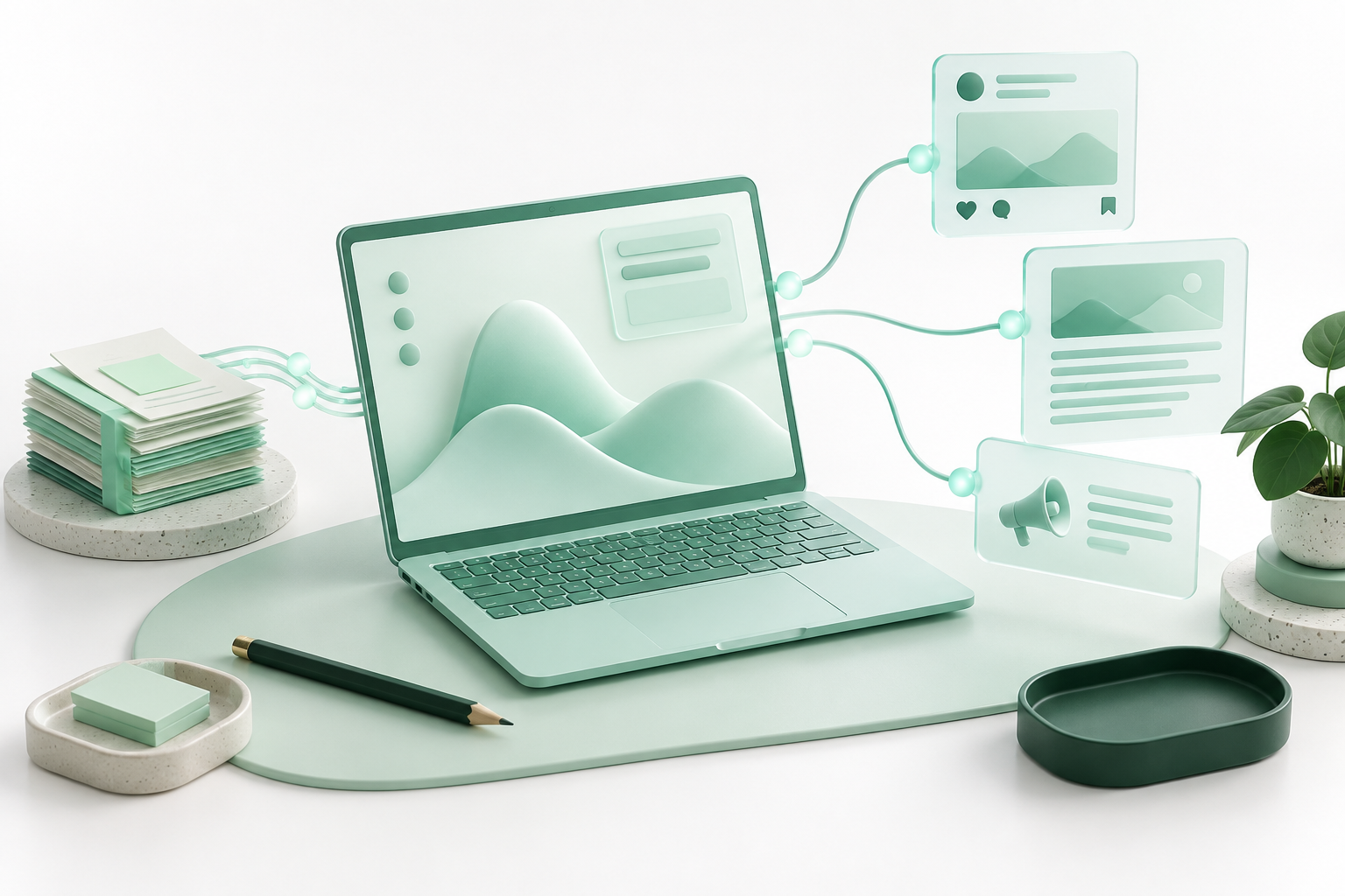 ミントグリーンのPCから、SNS投稿・記事・お知らせを表すパネルへ作業が広がるイメージ